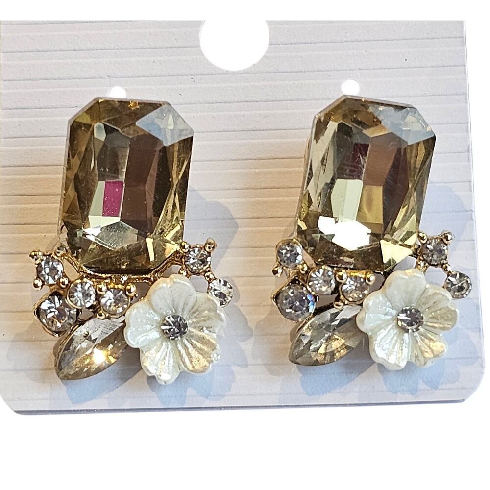 Flower Stud Earrings Brown Crystal Rectangle Rhinestone w/ Gift Bag Elegant